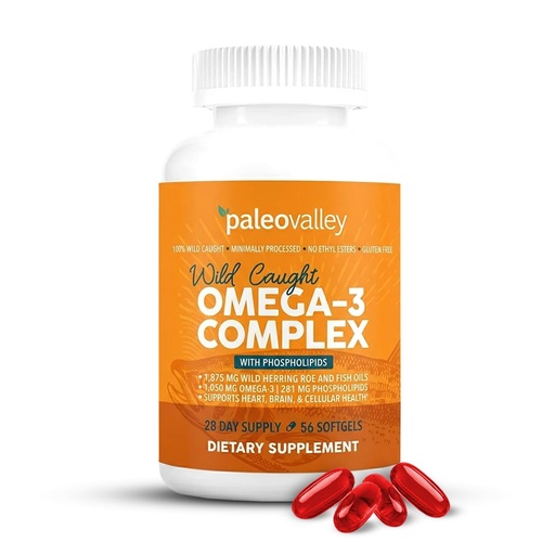 [BRSREEI5OAHB6AIZ] Paleovalley Omega-3 Complex, Wild Caught Fish Oil Softgels, 1,050mg Omega-3s, 750mg DHA, 187mg EPA, Phospholipid Bound Omega-3 Supplement for Brain, Heart and Joint Health, 28 Servings