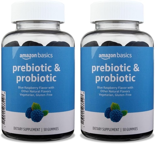 [BRSRAGT7AQAWAFAU]   Basics Prebiotic & Probiotic Gummies, 2 Billion CFU, Blue Raspberry, 50 Count (2 per Serving) (Previously Solimo) (Pack of 2)