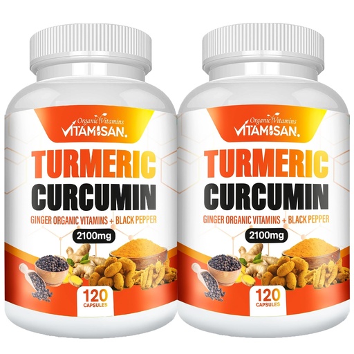 [BRSREHQODF5QGFA4] VITAMISAN Turmeric Curcumin 2100mg with Ginger & Black Pepper – 2 Pack (120 Capsules Each) – Herbal Supplement for General Wellness – Non-GMO – Made in USA