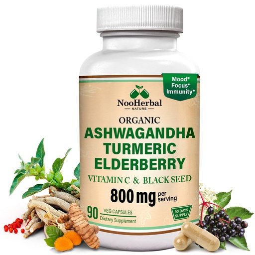 [BRSRE2QLARYA4DL5] Ashwagandha Supplements with Turmeric Curcumin, Elderberry, Vitamin C & Black Seed - Supports Relaxation, Mood & Immune Health - 800mg - 90 Vegan Capsules, Non-GMO & Gluten-Free