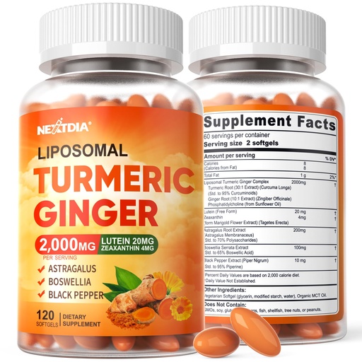 [BRSRGEITAQNR4EIZ] Liposomal Turmeric Ginger Curcumin Complex Supplement Pills, 2000mg Organic Turmeric Root with Black Pepper, Lutein and Zeaxanthin Supplements Liquid Softgels, 95% Curcuminoids, Non-GMO, 240ct