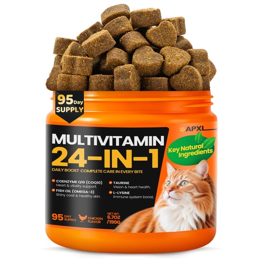 [BRSRYZTYBV6AOFDO] 24 in 1 Taurine for Cats Vitamins Treats with Coenzyme Q10 & L-Lysine for Immune, Joint Support, Coat, Heart Health - Cat Multivitamin Supplement with Omega 3 for Cats - 95 Days Supply