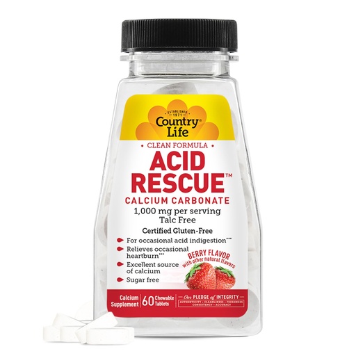 [BRSWGZIECAHQI3TG] Country Life Acid Rescue Chewable Tablets - Certified Vegan & Gluten-Free Heartburn Relief, 400mg Calcium & Magnesium, Non-GMO, Sugar-Free Berry Flavor, Supports Bone Health, 60 Count