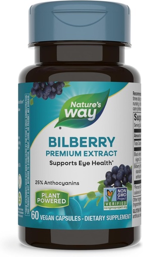 [BRSWIYT3OMAQIDLO] Nature's Way Bilberry Premium Extract, Supports Eye Health *, תוספי בריאות העין למבוגרים עם Black Elderberry *, Gluten Free, טבעוני, 60 קפסולות (Packaging May Vary)