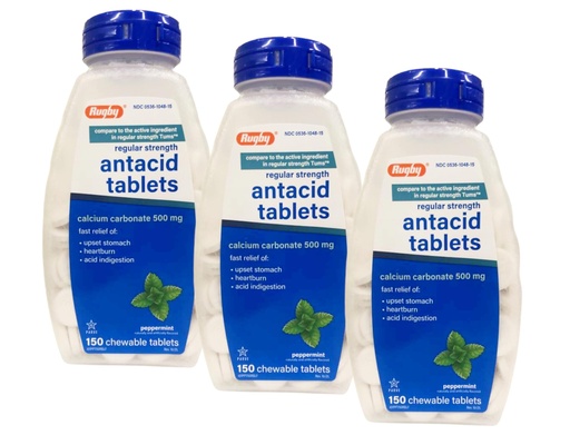 [BRSWKGL3C55B4EY7] Rugby Calcium Carbonate 500mg Antacid Tablets Peppermint, Regular Strengh, 150 Chewable Tablets - 3 Pack