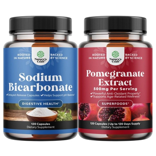 [BRSRGCDRAUBB4AA3] Bundle of High Purity Sodium Bicarbonate Capsules for Digestive Health Support & pH Balance and Advanced Antioxidant Superfood Pomegranate Supplement - Pomegranate Extract Polyphenols for Heart Health