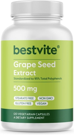 [BRSWIZIOO55GIALO] BESTVITE Grape Seed Extract 500mg (120 Vegetarian Capsules) - No Stearates - Standardized to 95% Polyphenols