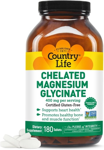 [BRSWGYY7OYCRM3Q2] Country Life Chelated Magnesium Glycinate 400mg – Integratore di Magnesio ad alto assorbimento per il rilassamento muscolare, Energia, Supporto Bone & Immune – Senza glutine, Vegan, Halal, Non OGM Verificato - 180 compresse