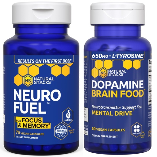 [BRSRAGQ6AAMAYGT2] NATURAL STACKS NeuroFuel Nootropic + Dopamine Brain Food Bundle - Supports Mental Drive & Focus* - 135 Total Capsules