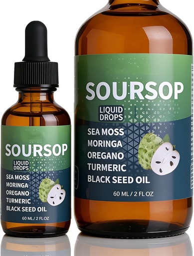 [BRSRGYDQOAMQICLL] Soursop Bitters Liquid Drops with Sea Moss, Turmeric,Soursop, Moringa & Black Seed Oil | 10-in-1 Herbal Supplement for Immune Support & Energy,Vegan, Non-GMO,2oz