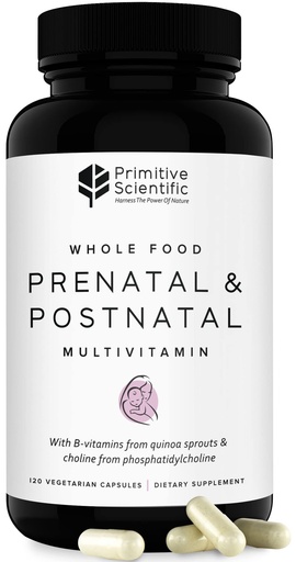 [BRSROZ35OB6GE2Y2] Primitive Scientific Prenatal and Postnatal Multivitamin for Women, with Vitamins A, B, C, D, E, Iodine, and Ginger for Mother & Baby Support, Non-GMO, Gluten-Free (120ct)