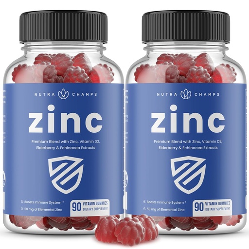 [BRSW2ZYCCB5QIALP] NutraChamps 4-in-1 Zinc Gummies, 50mg Chewable Zinc Supplement Gummies with Vitamin D3 2000 IU, Elderberry & Echinacea, Immune, Heart & Brain Support, 180 Count (Pack of 2)