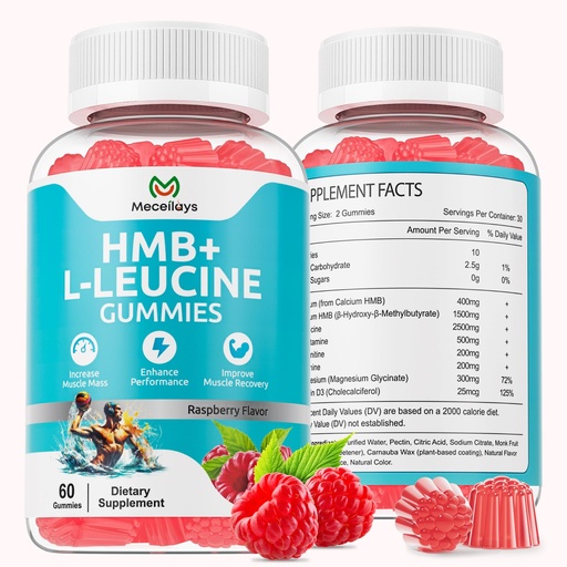 [BRSREZQCAQPBAFI3] 2 Pack Hmb and Leucine Gummies Supplements for Men Women, 4000mg HMB & L-Leucine Amino Acid for Muscle Growth & Fast Work0ut Recovery, Non-GMO, Gluten-Free, Raspberry Flavor,120 Count