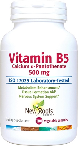[BRSROEI6AECQO3L4] NUEVAS ROOTS HERBAL Vitamina B5 (500mg) con Calcio TENIDO Vitamina B5 Suplemento de ácido pantoténico (100 cápsulas)