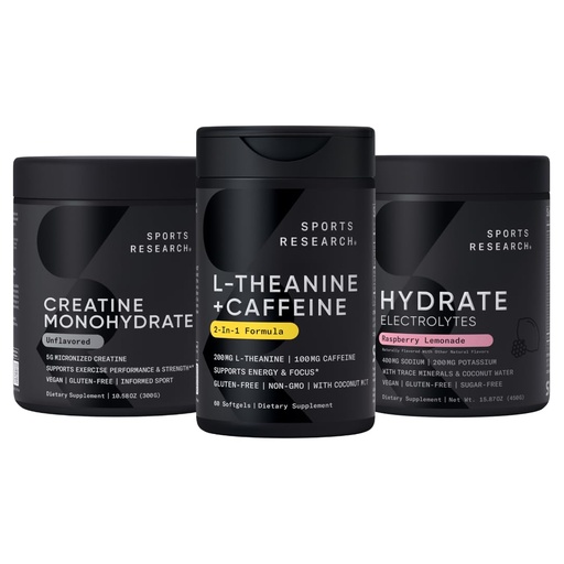 [BRSREBTQBYNQMFL2] Sports Research® Pre Workout Pack - Creatine Monohydrate 10.58 oz + L-Theanine 200mg with Caffeine + Hydrate Electrolytes Raspberry Lemonade