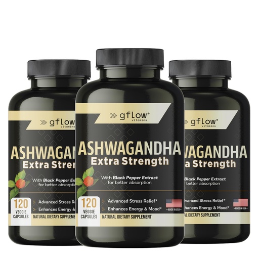 [BRSRAAQHAV4BGG36] gflow vitamins Ashwagandha Supplements for Women and Men | Sleep, Mood and Energy Support | Extra Strength, Vegan Friendly, Non-GMO, Made in USA - Pack of 3