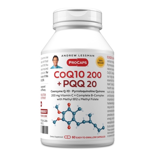 [BRSWGZIBOYPBMDLK] ANDREW LESSMAN Coenzyme Q-10 200 Plus PQQ 20mg - 60 Capsules - Maintains CoQ10 Levels, Optimum Cellular Energy, Supports Energy Production, Heart, Brain, Liver, Kidney, Pancreas. No Additives