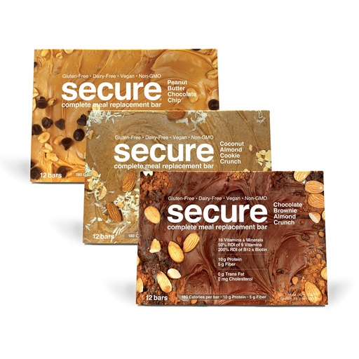[BRSRGBICAQPB4DLU] ANDREW LESSMAN Secure Bars 40g - Peanut Butter Chocolate + Chocolate Brownie Almond + Coconut Almond - High Protein & Fiber Snack – 36 Bars - Non-GMO, Gluten-Free, Vegan, Low Calorie Meal Replacement