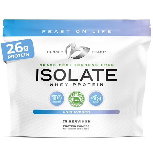 [BRSWKHYICRYGAFTE] Muscle Feast Grass-Fed Whey Protein Isolate, All Natural Hormone Free Pasture Raised, Whey Isolate Protein Powder for Men and Women, Clean, Non-GMO & Gluten-Free, Isolate Protein - Unflavored, 5lb