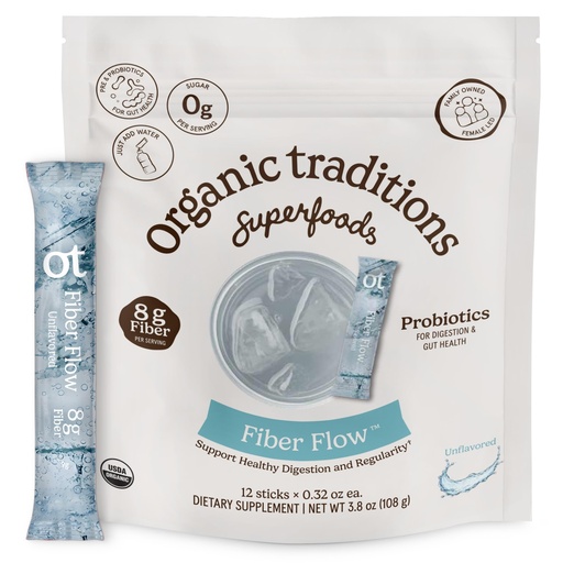 [BRSREBQ5BABGCEI7] Organic Traditions Fiber Flow Unflavoured, Daily Fiber Supplement Sticks with Acacia, Inulin from Chicory Root, One Billion CFU Probiotics, Easy Mix Drink for Digestive Health, 12 Count