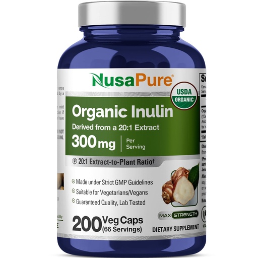 [BRSROBQLOADWMDTG] NusaPure Organic Inulin Capsules, 300 mg, 200 Veg Capsules (Non-GMO, Vegan, USDA)