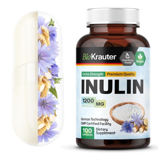 [BRSWGAI2OUMGMDIU] BIO KRAUTER® Inulin Powder from Chicory Root in Capsules 1200 mg per Serving 100 Count - Vegan & Pure Inulin Prebiotic Fiber for Gut & Digestive Support - No Fillers, Non-GMO - 16 Days of Supply