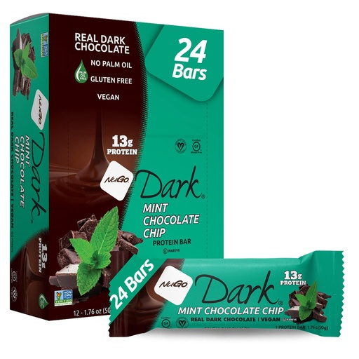 [BRSWGBD5AEFBEEYZ] NuGo Dark Mint Chocolate Chip, 13g Protein Bar, Vegan, Gluten Free, Non-GMO, Kosher Pareve, 24 Count