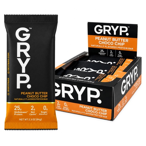 [BRSRYYL5BYMBUADF] GRYP Slow-Release Protein Bars, Peanut Butter Chocolate Chip | 25g Protein, 0g Added Sugar, Low Carb, Gluten Free, 195 Calories | No Sugar Alcohols, No Artificial Flavors, No Artificial Sweeteners | On-The-Go Snack, Post-Workout | Pack of 12