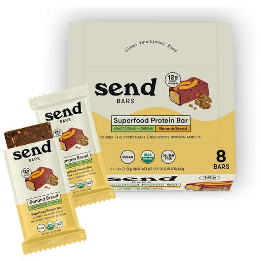 [BRSRGHTQBANROG37] SEND Bars Organic Plant Based, Vegan, Healthy Protein Bars with Greens (Organic Banana Bread, 8 Bars) – Only Real Food Ingredients, No Added Sugar, Gluten Free, Dairy Free, Non-GMO, Healthy Snacks