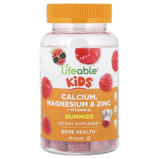 [BRSREBI3CIIAK3TF] Lifeable Kids Calcium, Magnesium & Zinc + Vitamin D3 Gummies, Raspberry, 60 Gummies