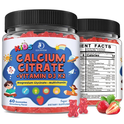 [BRSRGYA3AQIR6E3D] Kids Calcium Citrate Gummies with Vitamin D3 Supplement, Calcium Citrate 300/600 mg with Magnesium Zinc & Multivitamin for Kids 4+, Support Bone Muscle & Digestive Health, Sugar Free Strawberry,120ct