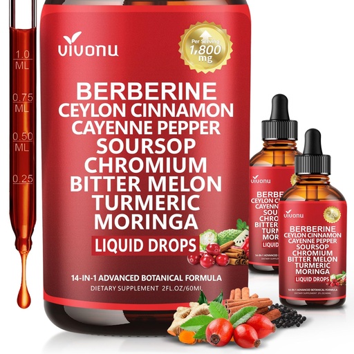 [BRSRGZ37C4OQI2DU] 14-in-1 Berberine with Ceylon Cinnamon Supplement Liquid Drops, 1800mg + 30:1 Liposomal Tech with Cayenne Pepper, Soursop, Chromium, Bitter Melon, Turmeric, Moringa, Gymnema, Glucomannan, 2 Bottle