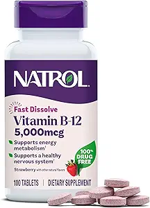 [BRSROZYZPIHQY23Z] Natrol Vitamin B12 Fast Dissolve Tablets, Promotes Energy, Supports a Healthy Nervous System, Maximum Strength, Strawberry Flavor, 5,000mcg, 100 Count (Pack of 2)