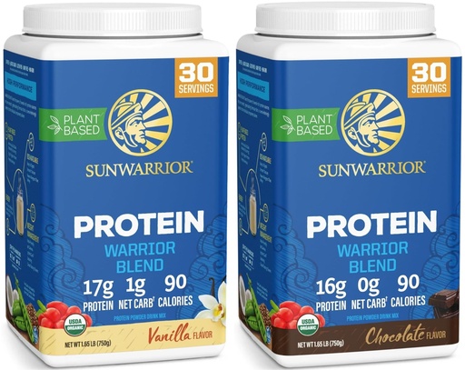 [BRSREAYKAAPQM3LG] Sunwarrior Chocolate & Vanilla Organic Plant Based Protein Powder Set | Bundle & Save | Vegan Organic Protein Powder | Non-GMO Soy Dairy Filler & Gluten Free (30 Servings Each)