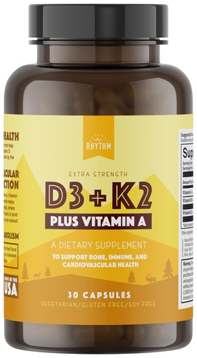 [BRSWYHDYBAPBOE3D] Natural Rhythm Vitamin D3 5000 IU + K2 MK-7 Plus Vitamin A – Bone & Immune Support Supplement, Supports Calcium Absorption & Cardiovascular Function, Vegetarian Capsules (30 Count)