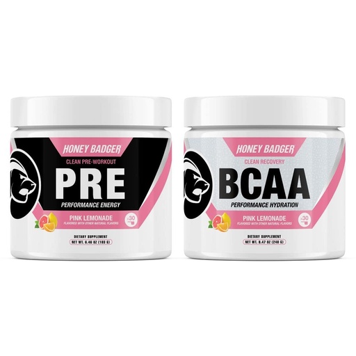 [BRSW2AYZAQNBM2TO] Honey Badger Pre Workout Powder & BCAA Amino Acids Powder Bundle | Beta Alanine, Caffeine & Vitamin C + Electrolytes | Vegan Keto Sugar Free & Paleo for Men & Women | 30 Servings (Pink Lemonade)