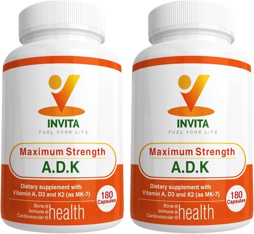[BRSROYDQPMDWMDI2] INVITA ADK - Vitamins A1, Vitamin D3 5000 IU & K2 MK7 Supplement - Physician Formulated Bone & Immune System Support - Gluten Free, Non-GMO - 180 Vegetarian Capsules for Men & Women