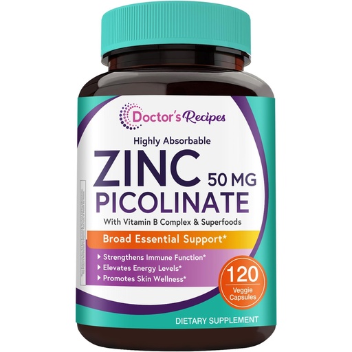 [BRSRABIECR4AEAIY] Doctor’s Recipes Zinc Complex 50mg, Zinc Picolinate, Vitamin B Complex, Organic Spinach, Broccoli, Pumpkin Seed, Beet Root Powder, for Women & Men, Immunity, Vegan, 120 Capsules