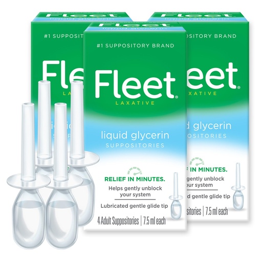 [BRSWKHQ6DJ7REHTM] Fleet Liquid Glycerin Suppositories for Constipation Relief, Fast and Effective Stimulant-Free Laxative, 4 Bottles per Pack, 7.5 mL Each, Pack of 3