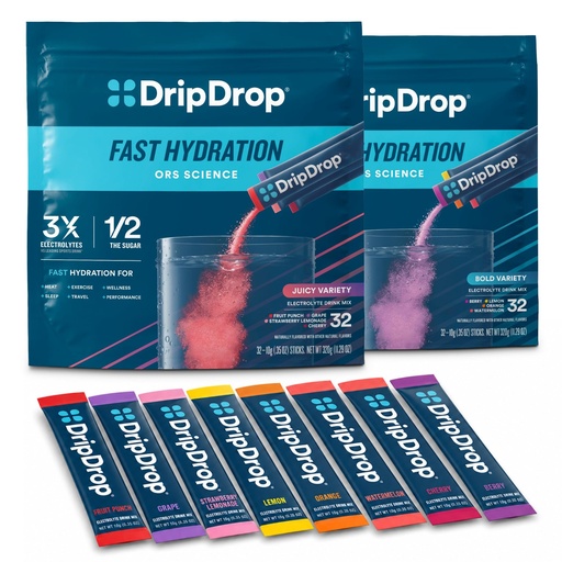[BRSRMEDRPMCWMDI7] DripDrop Hydration - Electrolyte Powder Packets - Watermelon, Berry, Lemon, Orange, Fruit Punch, Grape, Strawberry Lemonade, Cherry - 64 Count