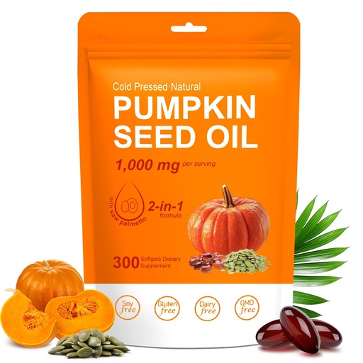 [BRSRGYL5BEIAAHTA] Cold Pressed Pumpkin Seed Oil & Saw Palmetto Softgels (1000mg) - 2-in-1 Formula for Hair Growth, Skin Health & Prostate Support - 300 Count, Non-GMO Natural Supplement