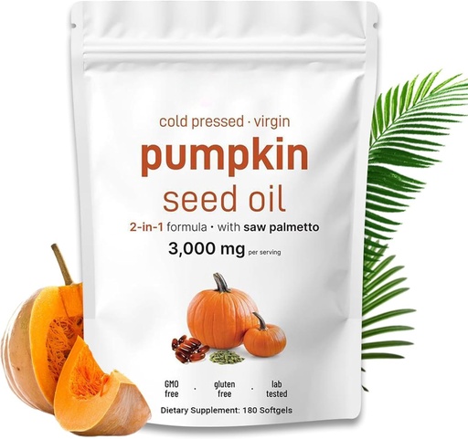 [BRSRGBD5AB5Q2AD4] Pumpkin Seed Oil with Saw Palmetto Capsules – 3000mg Cold Pressed DHT Blocker Supplement for Hair Growth, Prostate Health & Bladder Control – Non-GMO, Gluten Free, Vegan – 180 Softgels (180)