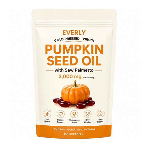 [BRSRYYINDECGCG37] Everly Pumpkin Seed Oil with Saw Palmetto 3000mg per Serving, Cold Pressed Pumpkin Seed Oil Capsules, Essential Fatty Acids, Non-GMO, Gluten-Free