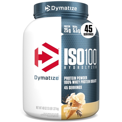[BRSWIGQDCF7QOF3G] Dymatize ISO100 Whey Protein Powder Isolate, Vanilla, 25g of Protein, 3 Pound, 5.5g BCAAs, Less Than 120 Cal., Gluten Free, 1g Fat, 1g Sugar, 2g Carb (45 Servings)