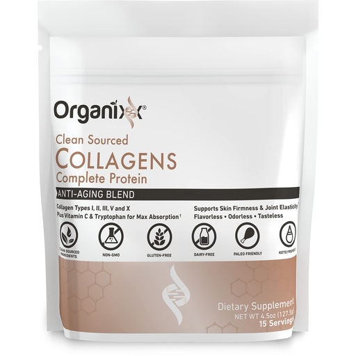 [BRSRMHQYAB6AGFAZ] Organixx Clean Sourced Collagen Peptides Powder with Vitamin C, Types I, II, III, V, X Hydrolyzed Collagen, Hair, Nail, Skin, Bone & Joint Health, Aging Support, Gluten Free, Unflavored, 15 Servings