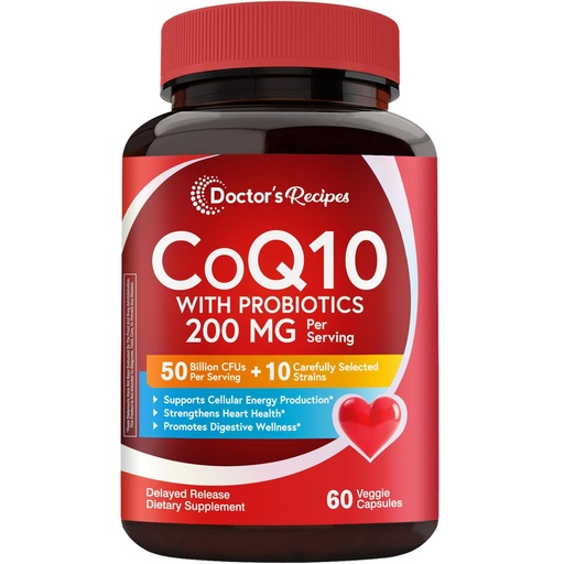 [BRSRECTQBEHBEALA] Doctor's Recipes CoQ10 with Probiotics, 200 mg, 50 Billion CFUs from 10 Strains Per Serving, Bioavailable Ubiquinone, for Heart, Gut, 60 Vegan Capsules, Non-GMO