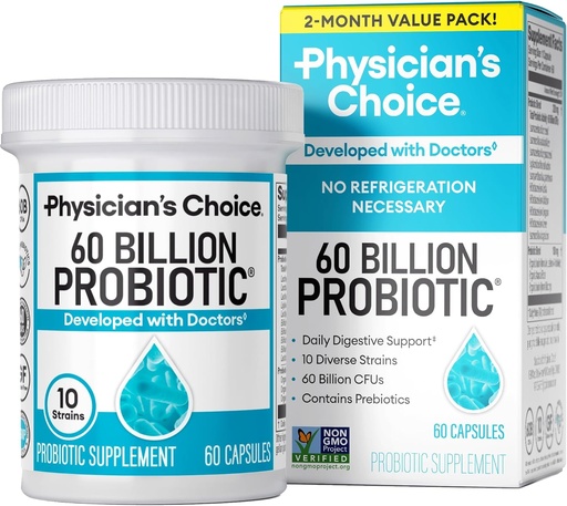 [BRSRE2QYOR5BADIU] Physician's CHOICE Probiotics 60 Billion CFU - 10 Strains + Organic Prebiotics - Immune, Digestive & Gut Health - Supports Occasional Constipation, Diarrhea, Gas & Bloating - for Women & Men - 60ct