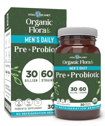 [BRSREAABPIPB6YDL] Vital Planet - Organic Flora Probiotics for Men, Men's Daily Shelf Stable Probiotic 30 Billion CFU, 60 Diverse Strains, Prebiotic Organic Mushroom Blend, Immune and Digestive Health 30 Capsules