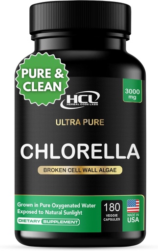 [BRSWYZQCCUMQKA3H] Chlorella Capsules 3000 mg - 裂缝细胞壁蓝绿色藻类补充剂 - 最佳天然排毒清洁剂 - 植物维生素 矿物 氯素 Vegan蛋白粉丸 - 美国制造