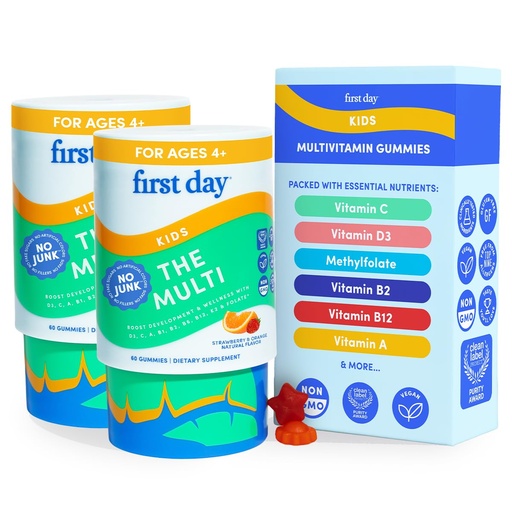 [BRSROAY3C5YAE33B] FIRST DAY Kids Multivitamin Gummies Age 4+, Strawberry & Orange - Kids Vitamins Multivitamin Gummy A C D3 K2 B1 B2 B6 B12 Folate, Immunity & Brain Function, Vegan - 60 Day Supply, Packaging May Vary